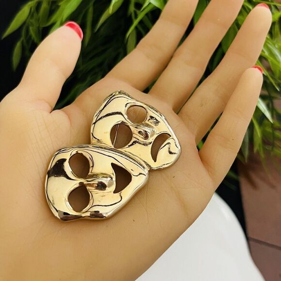 Vintage Comedy Tragedy Theater Face Mask Shiny Gold Tone Pin Drama Brooch 4326 - Picture 3 of 9